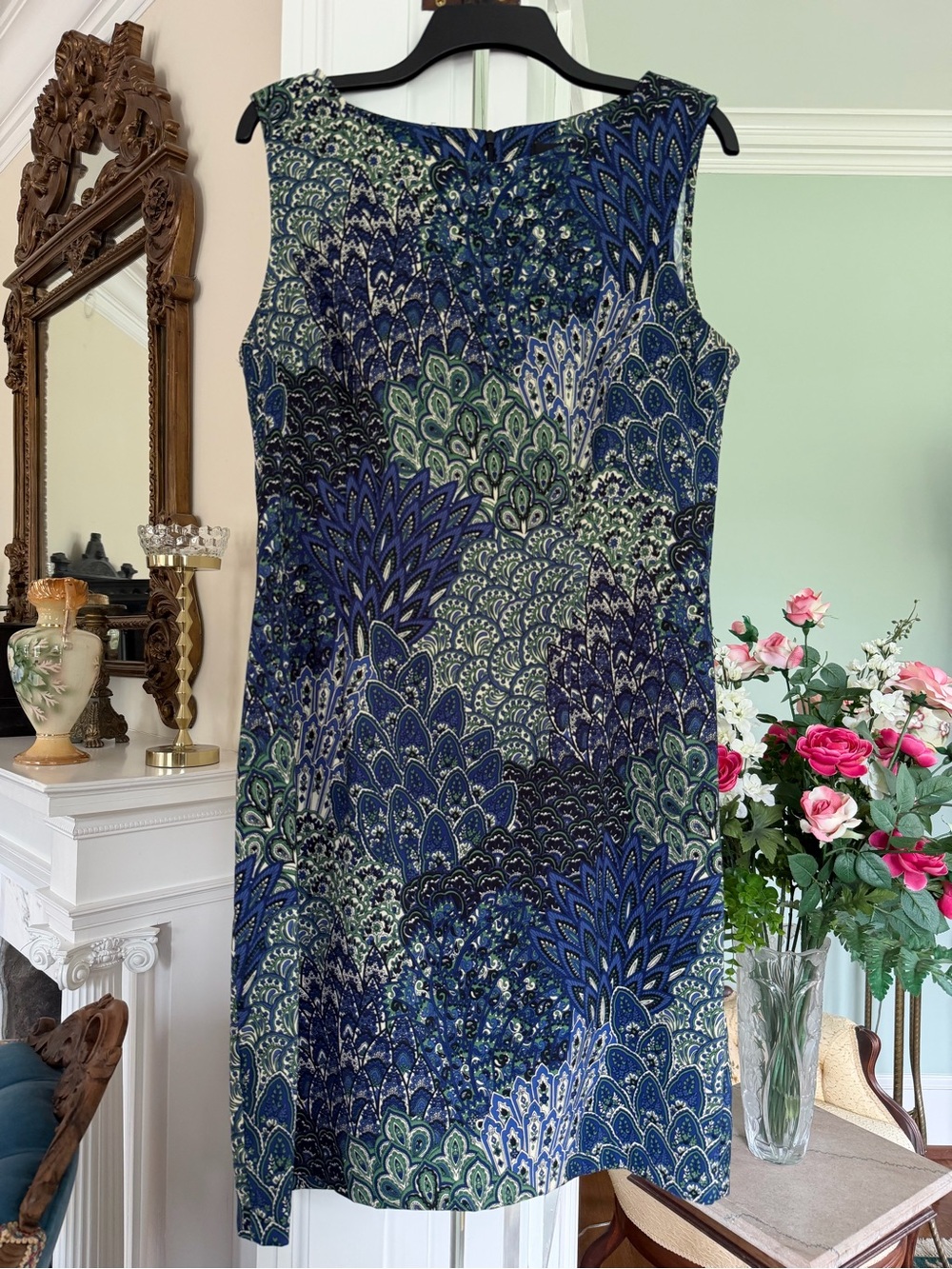 Sleeveless Blue & Green Patterned Shift Dress by Connected Apparel. Size 14